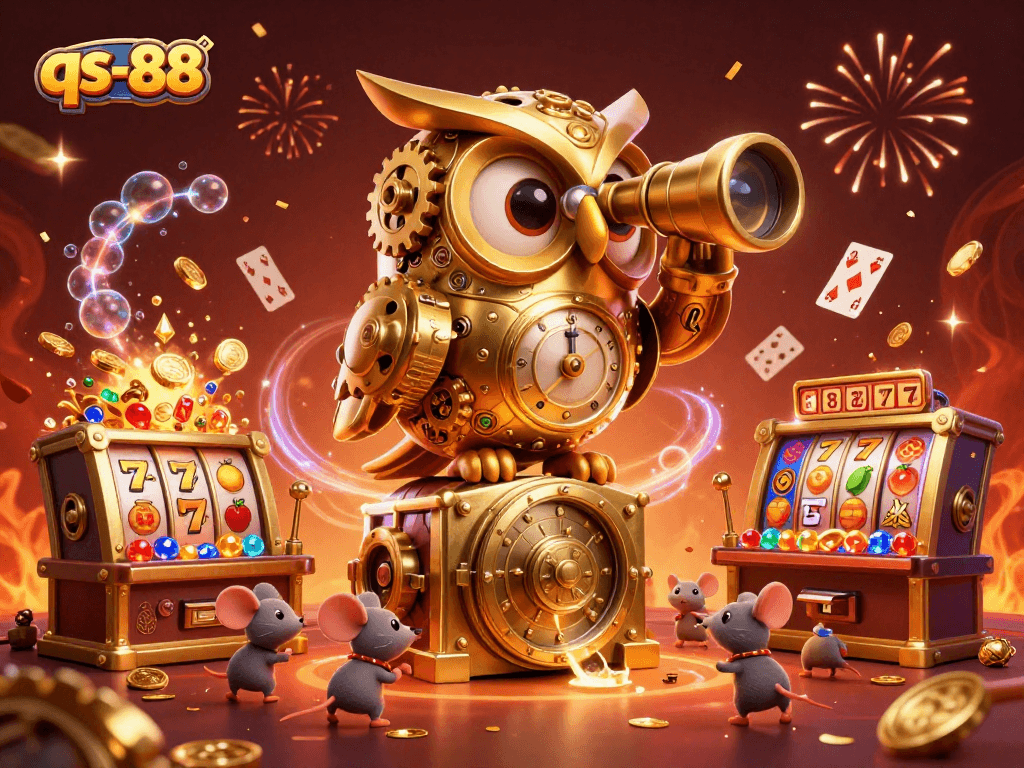 Engage with the vibrant atmosphere at qs-88 casino with an intricate golden owl and animated gaming elements.