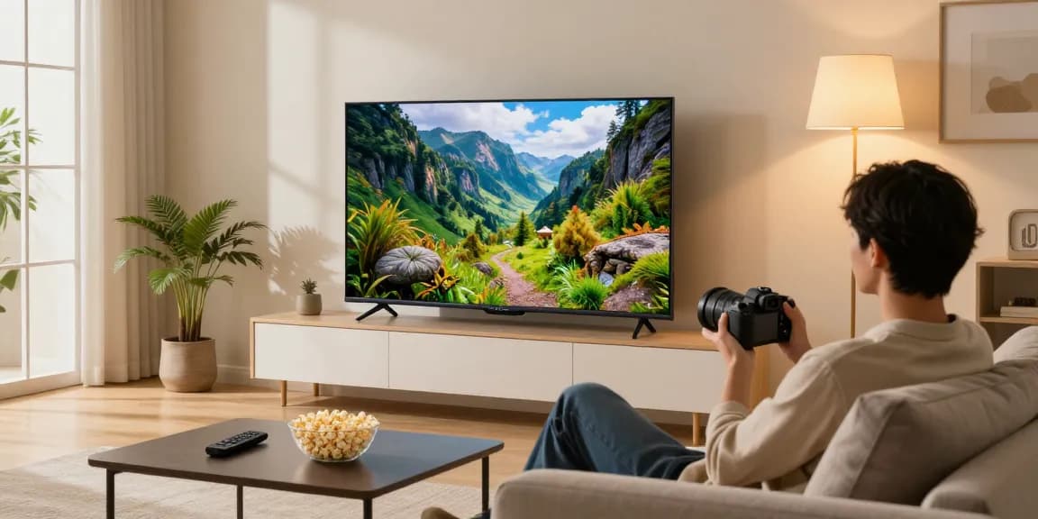 Relaxing setup with a mini LED TV showcasing vibrant visuals in a cozy living room atmosphere.