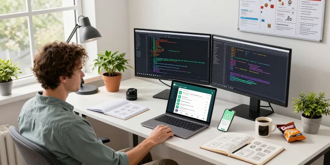 Dynamic workspace showcasing WhatsApp下載 mobile app development process, featuring a developer at a modern desk.