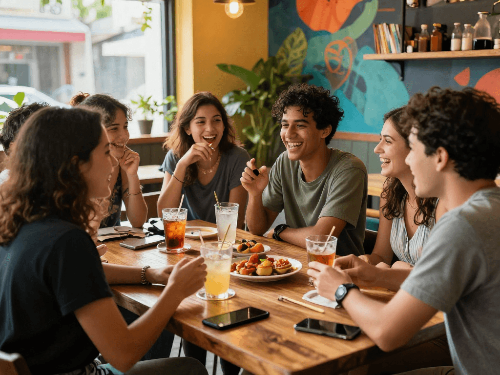 Captivating spicy chat among friends in a lively café setting, showcasing diverse individuals engaged in vibrant conversation.