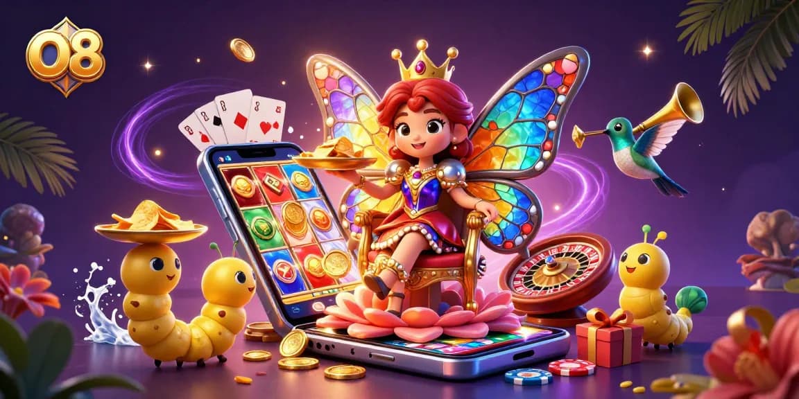 Experience O8's vibrant gaming scene with a butterfly queen, chips, and exciting slot action.