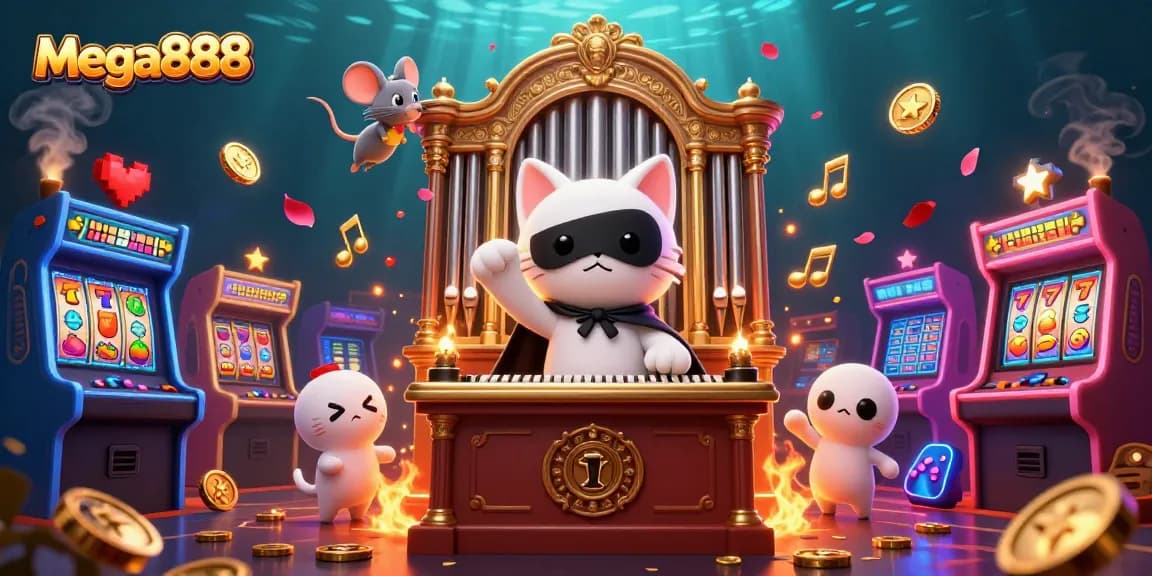 Experience thrilling gameplay with mega888 as a whimsical cat plays the organ amidst casino treasures.