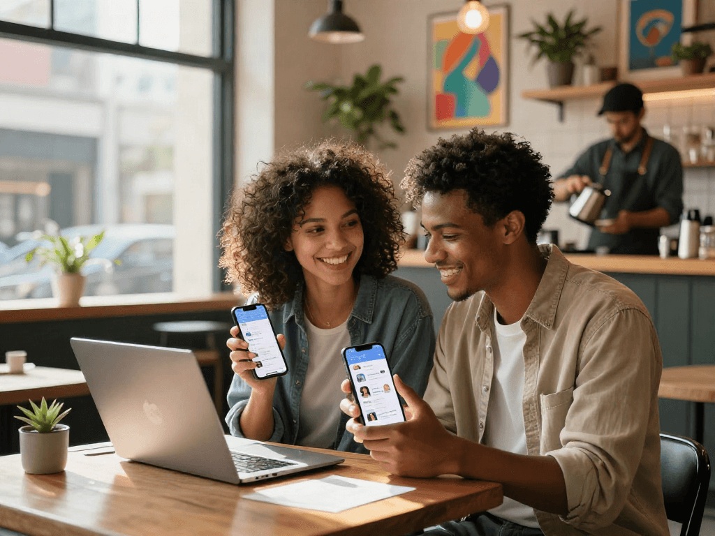 A couple enjoying sex AI features on a dating app in a cozy café.