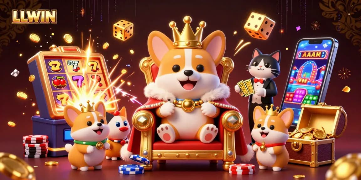 Experience thrilling gameplay at LLWIN with a royal corgi and a dazzling casino scene.