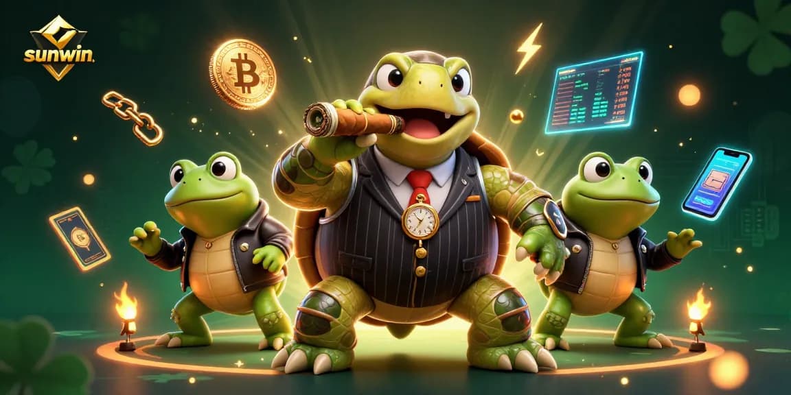 Play and win with sunwin in this vibrant 3D casino scene featuring cartoon characters, crypto coins, and dynamic lights.