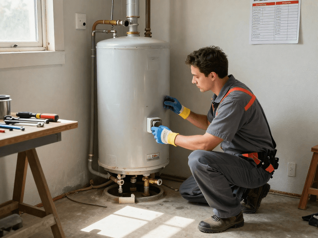 Professional plumber inspecting a water heater replacement Fort Worth in a home setting, showcasing tools and maintenance tips.