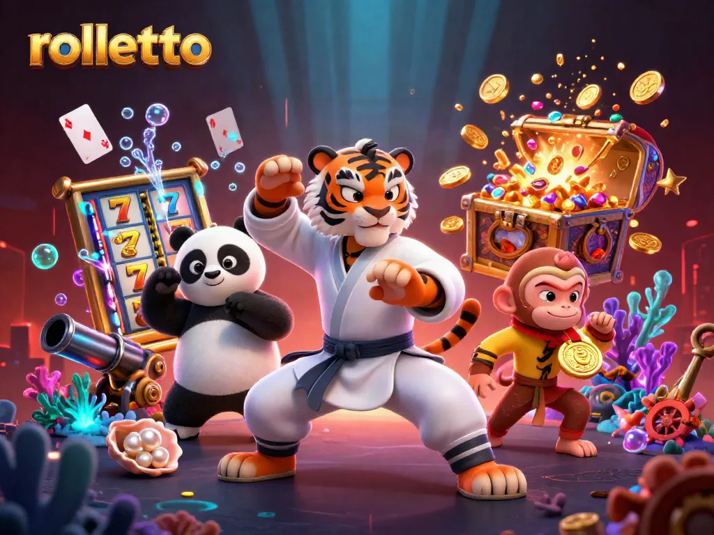 Experience rolletto's vibrant slots action with a kung fu tiger, panda, and monkey in a lively casino scene.