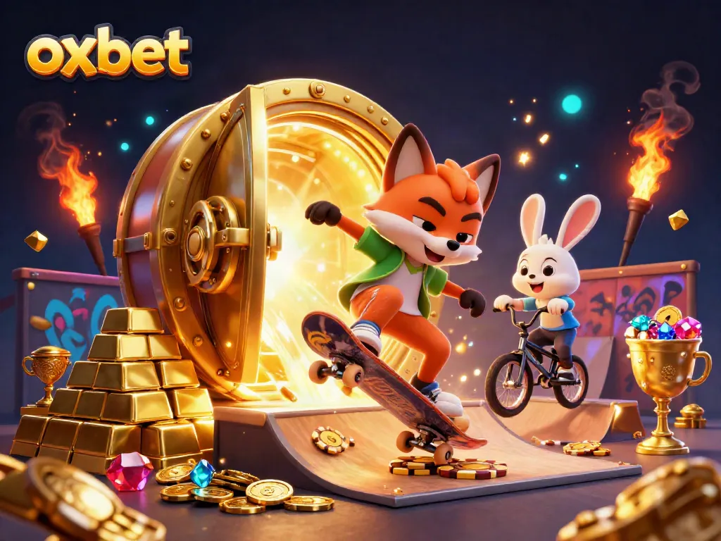 Experience thrilling gameplay with Oxbet as a cartoon fox performs a kickflip over poker chips.