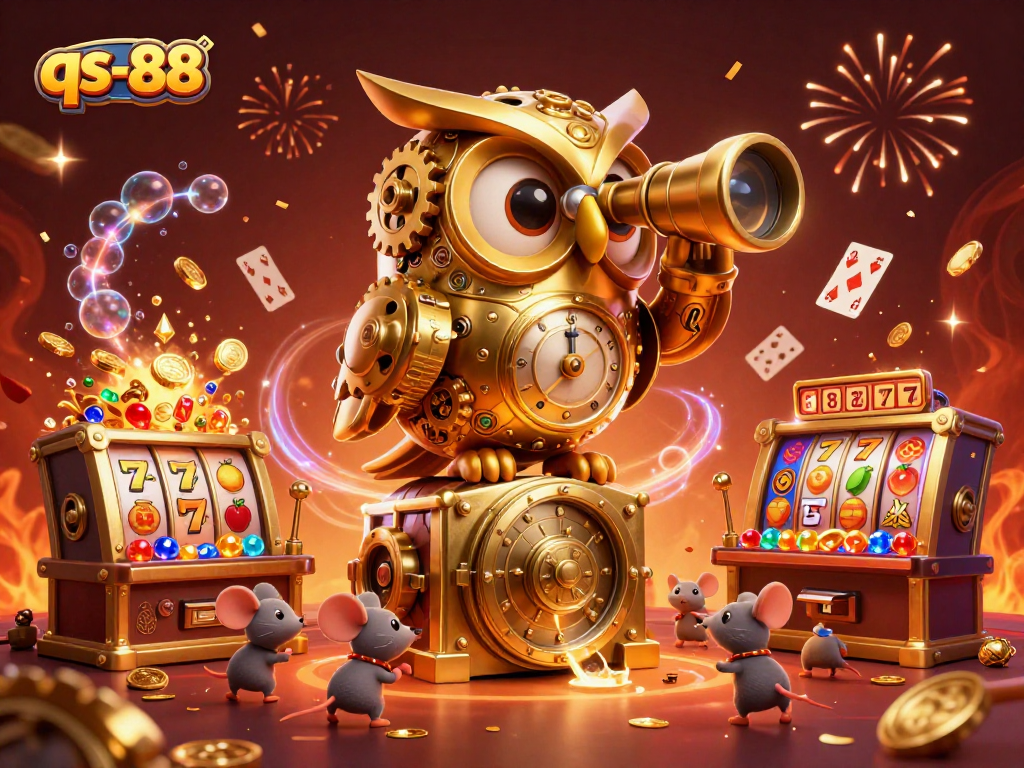 Engage with the vibrant atmosphere at qs-88 casino with an intricate golden owl and animated gaming elements.