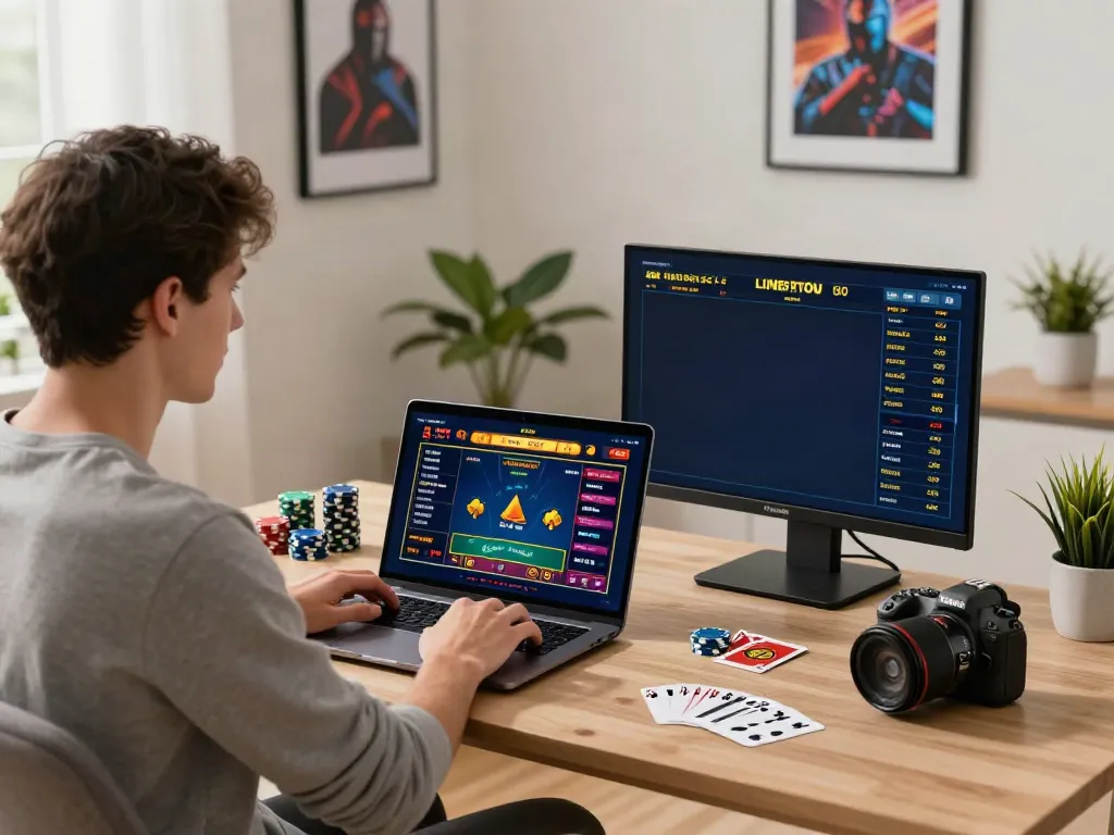 Engaged player at http://11bet-app.net/ gaming on a laptop with betting graphics.