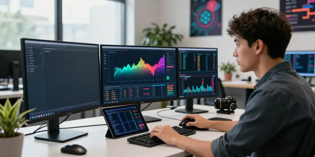 Dynamic trading scene with DEX data analysis at https://piteas.trade, showcasing modern tech workspace.
