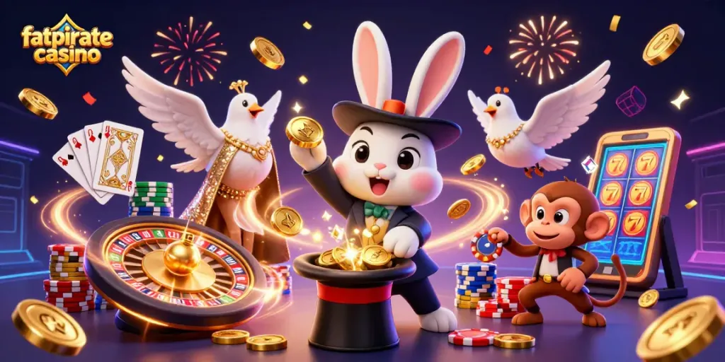 Engaging illustration showcasing fatpirate casino with a magician rabbit, dove, and monkey surrounded by coins and cards.