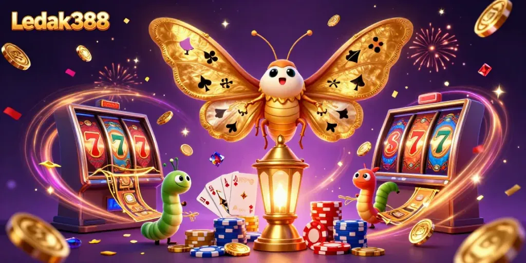 Play with Ledak388's vibrant 3D casino illustration featuring a moth and slot machine.