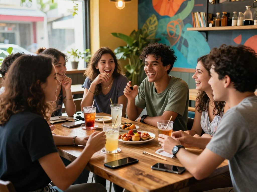 Captivating spicy chat among friends in a lively café setting, showcasing diverse individuals engaged in vibrant conversation.