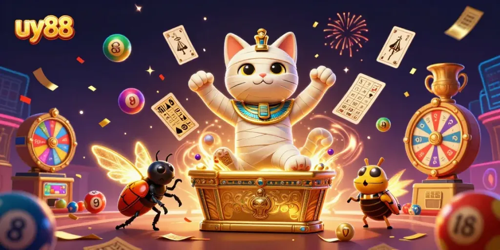 Experience fun and excitement at uy88 with a vibrant gambling scene featuring mummy cats and floating cards.