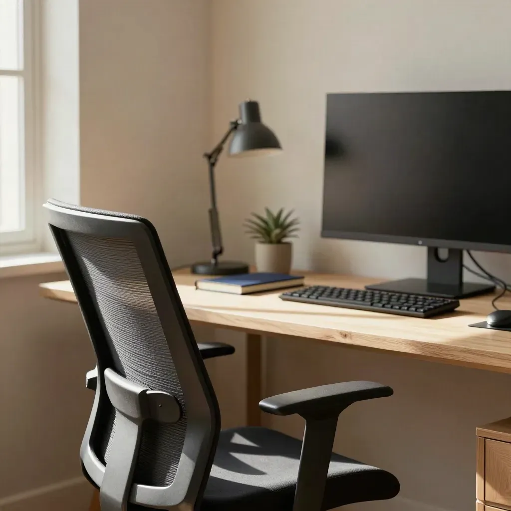 Empty office corner with chair, monitor, notebook, lamp and plant in warm morning light.