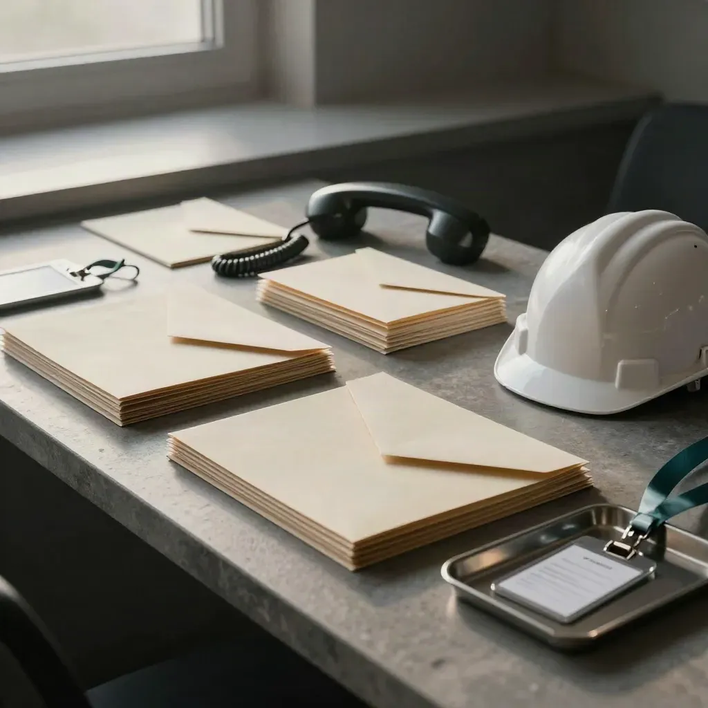 Recruitment ops still life with folders, handset, envelopes, lanyards and hard hat on stone.