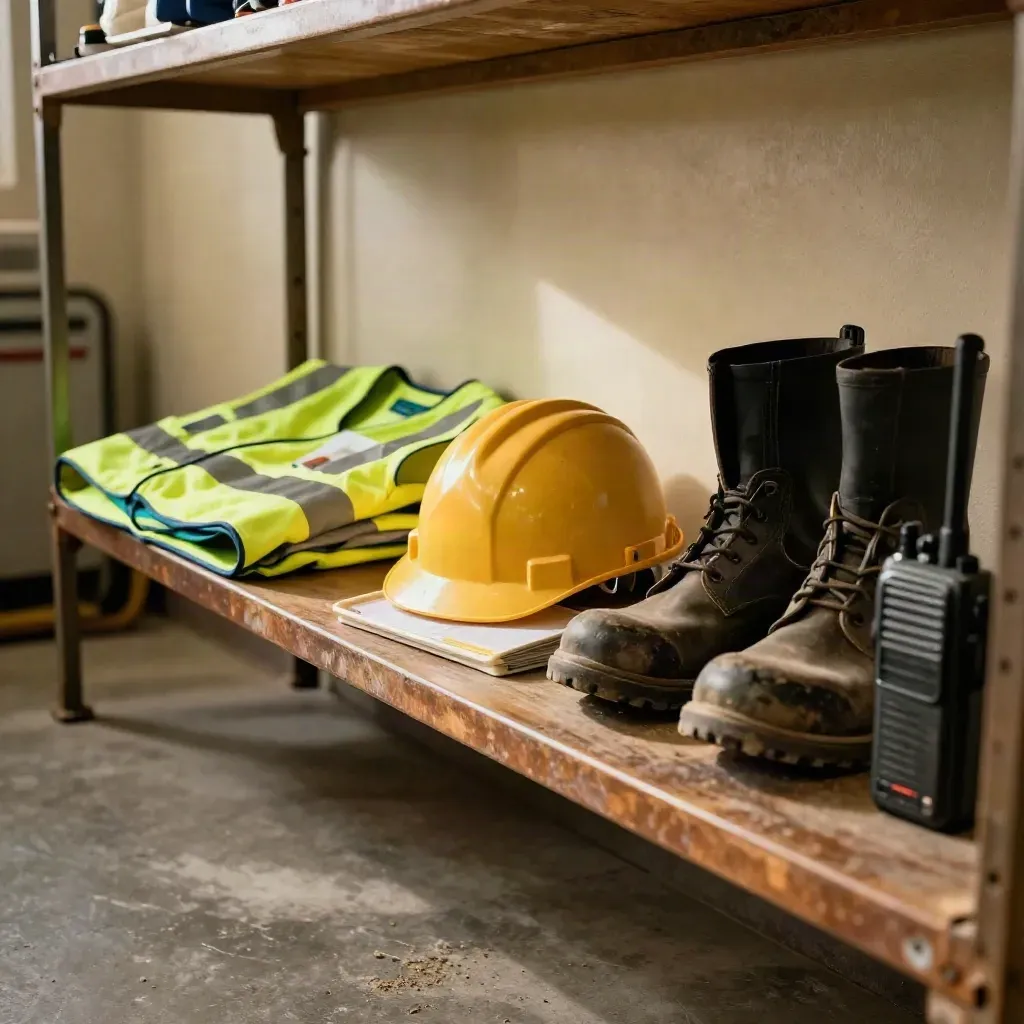 Temporary staffing kit shelf with hi-vis vest, hard hat, boots and radio in warm late-afternoon light.
