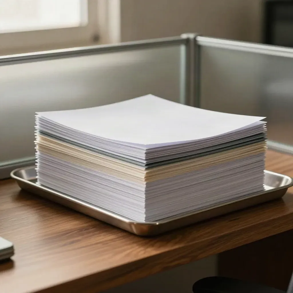 CV screening sleeves sliding in a metal tray, frozen mid-sort in a recruitment back-office.