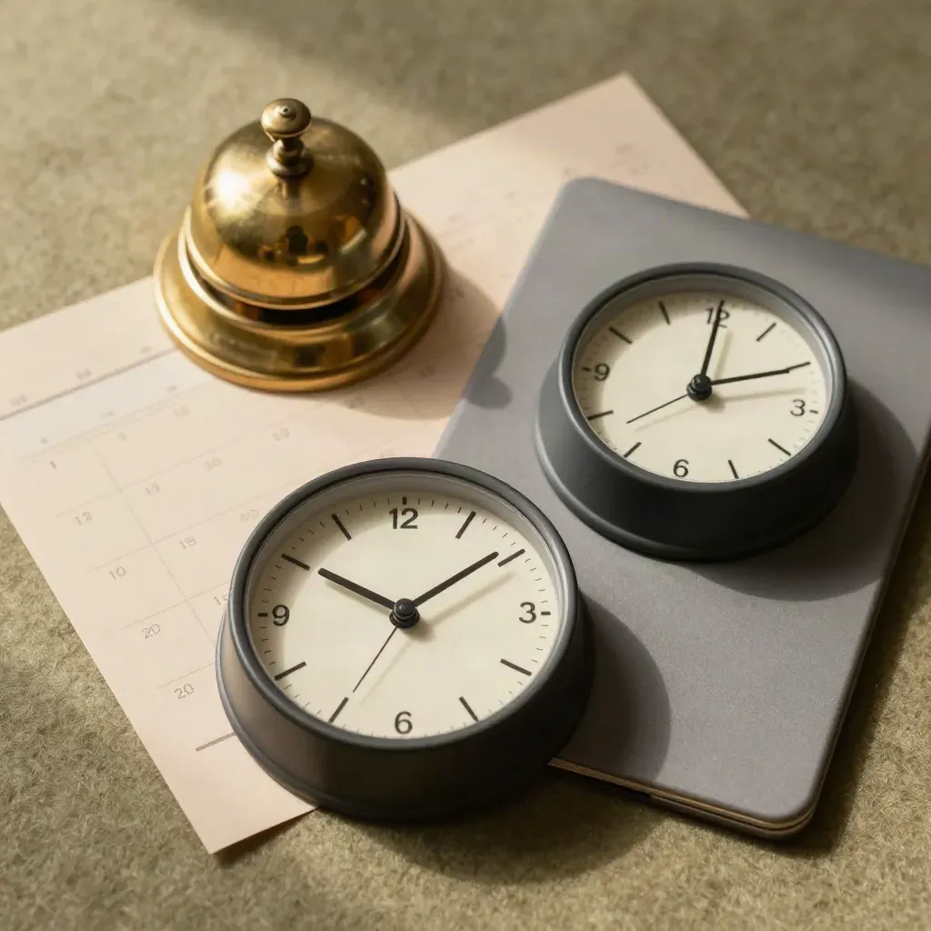 Flat lay of synchronized desk clocks, brass bell, calendar blocks, and phone cradle on khaki felt.