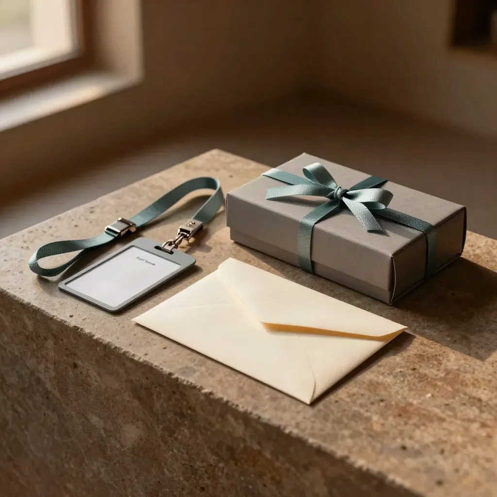 Onboarding kit with lanyard, badge sleeve, envelope and box on stone in warm light.