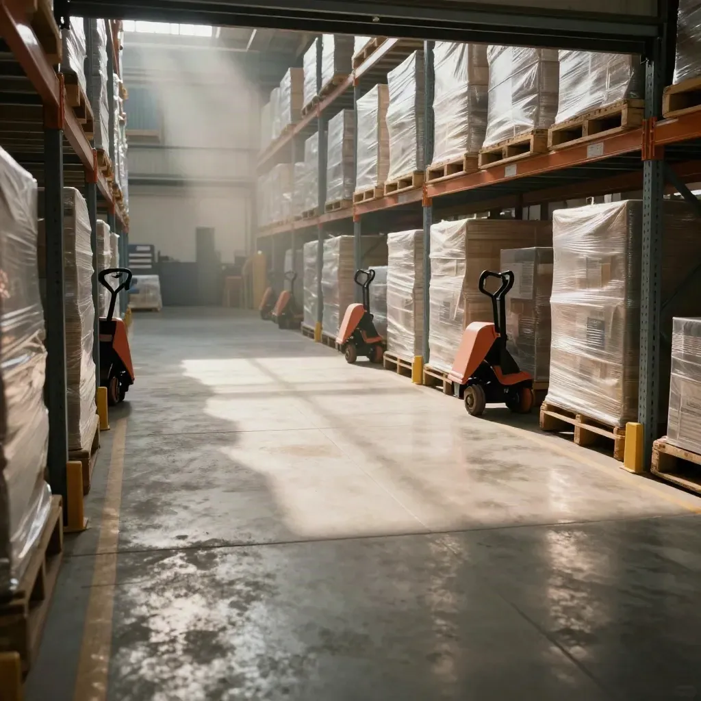 Empty warehouse bay with pallet trucks and sealed crates under dramatic industrial light