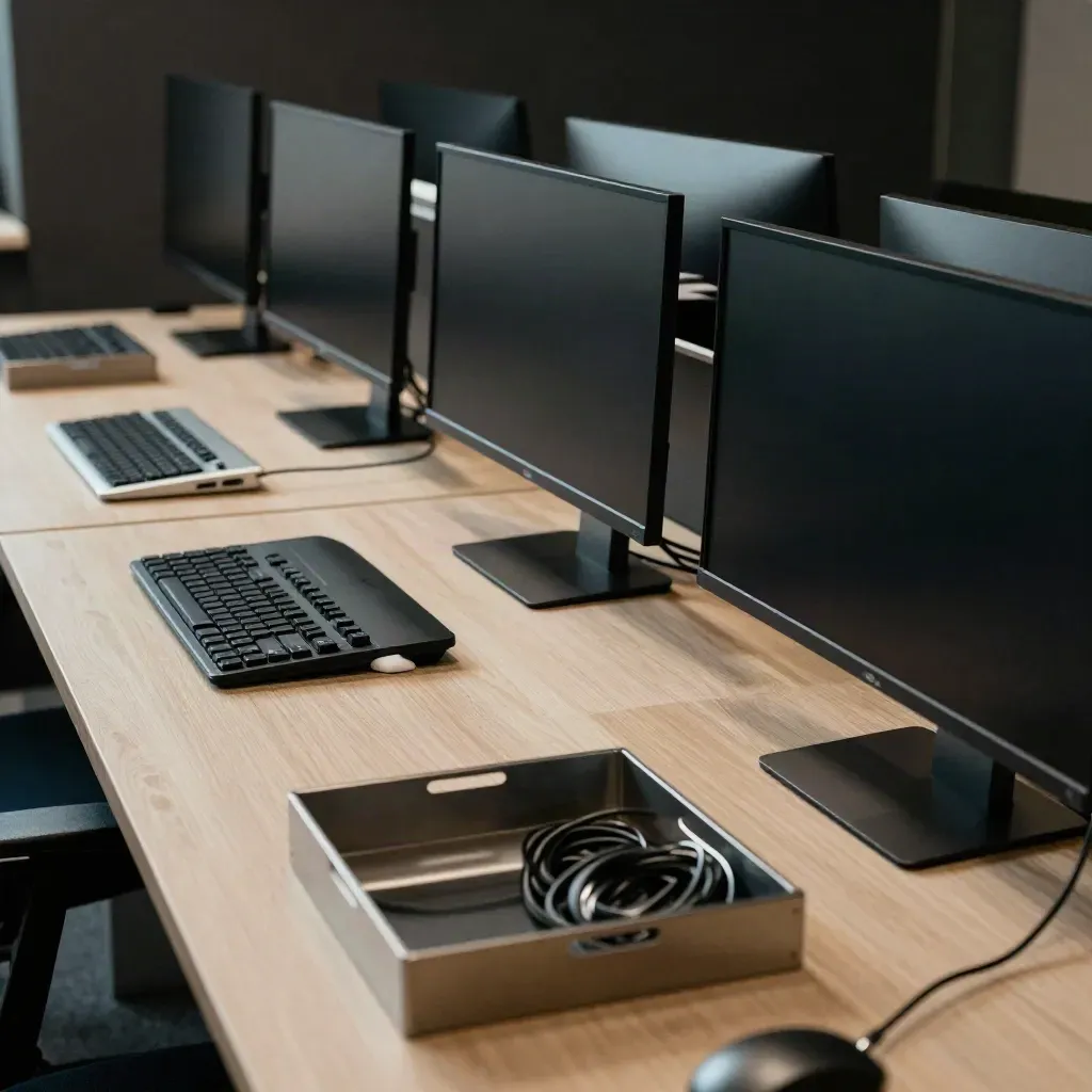 Empty finance admin workstation row with three monitors, binders and filing trays in a modern office.