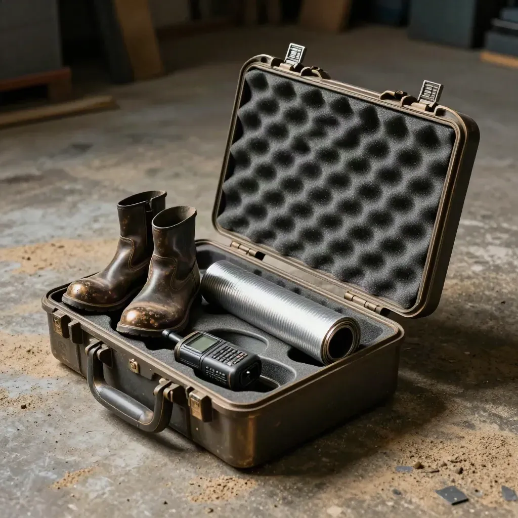 Open hard case, steel cap boots, pipe tube and radio on a dusty workshop floor