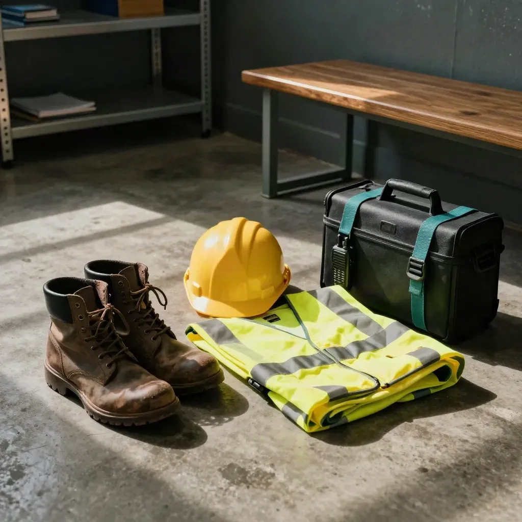 Steel-toe boots, hi-vis vest, hard hat and radio in a dim staffing dispatch scene.