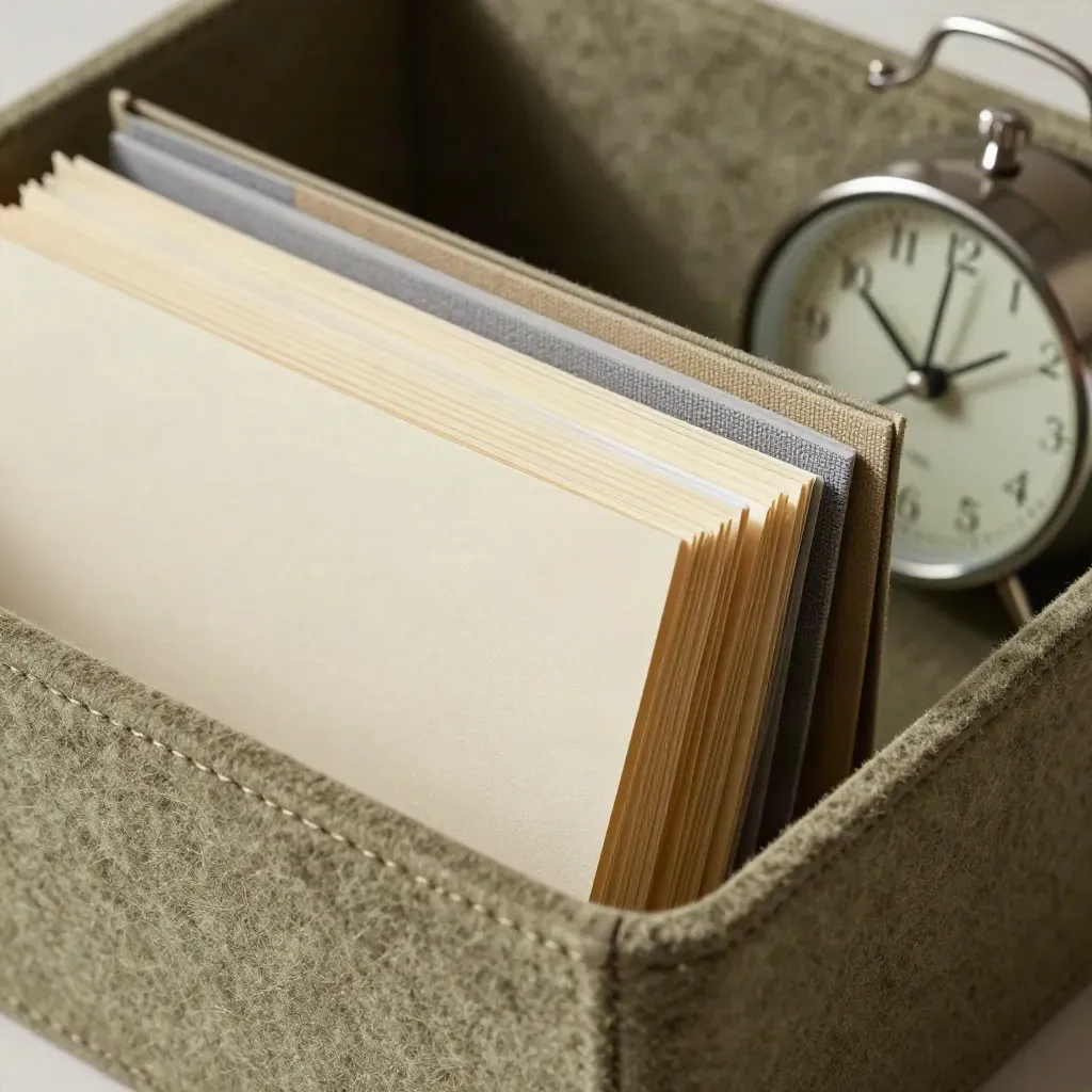 Archive sleeves, divider tabs and a small clock on a khaki filing surface.