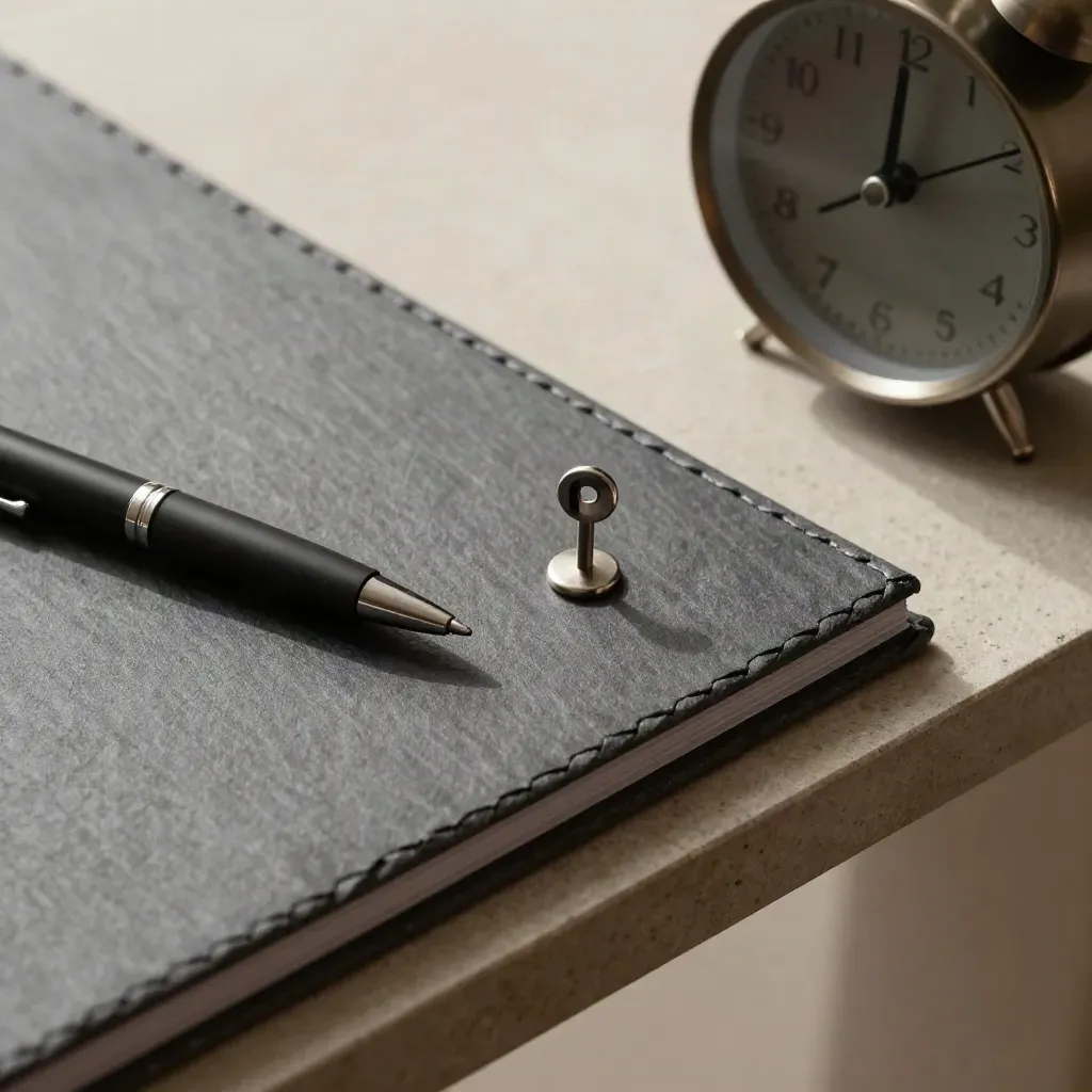Slate briefing folder, black pen, pin marker and clock on a stone shelf.