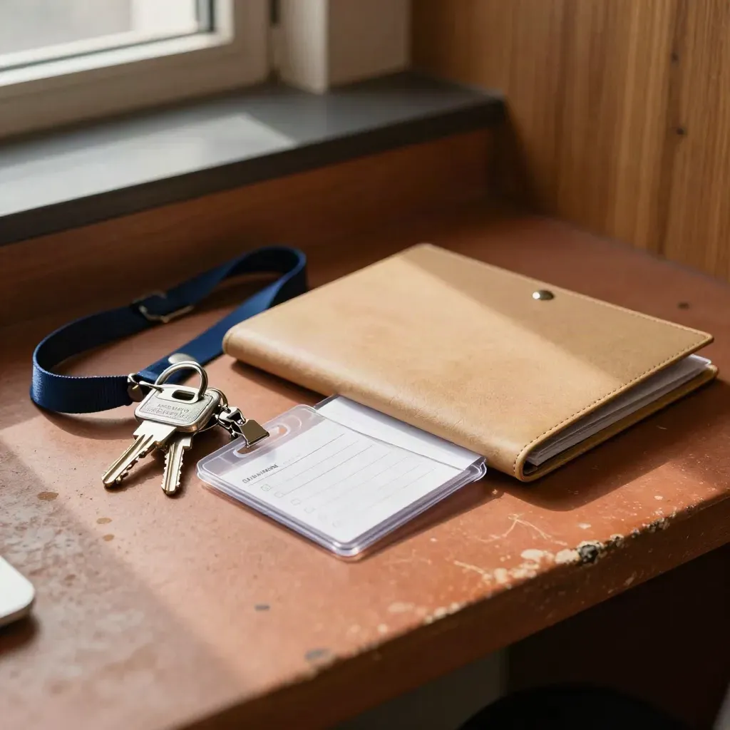 Staffing handover pack with keys, lanyard, portfolio folder and clipped badge tags on terracotta surface.
