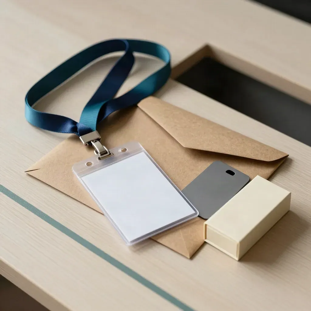 Onboarding kit with lanyard, badge sleeve, envelope, holder and small box on pale wood.