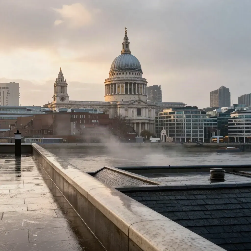 London skyline with St Paul’s dome in mist above wet rooftops and the Thames at blue hour.