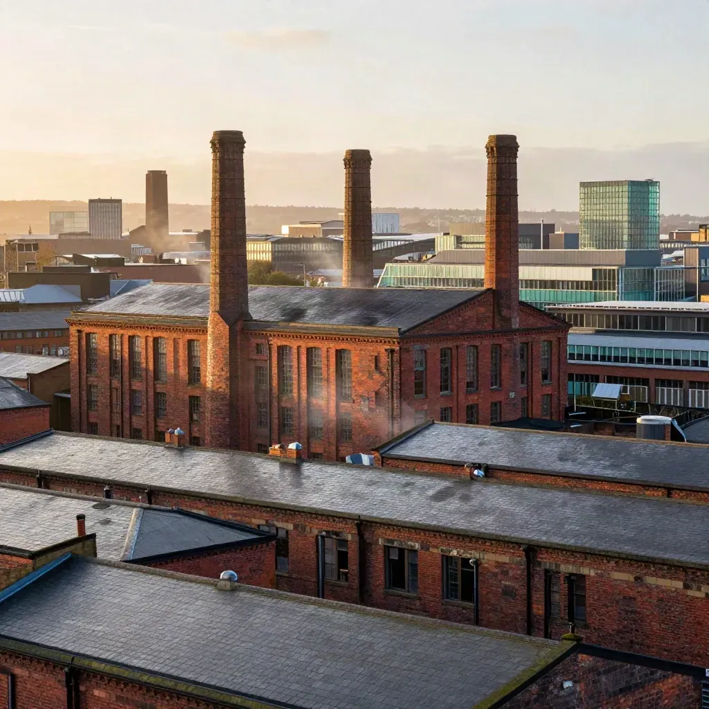 Golden-hour Manchester skyline with red-brick mills, chimneys, and misty rooftops above calm haze