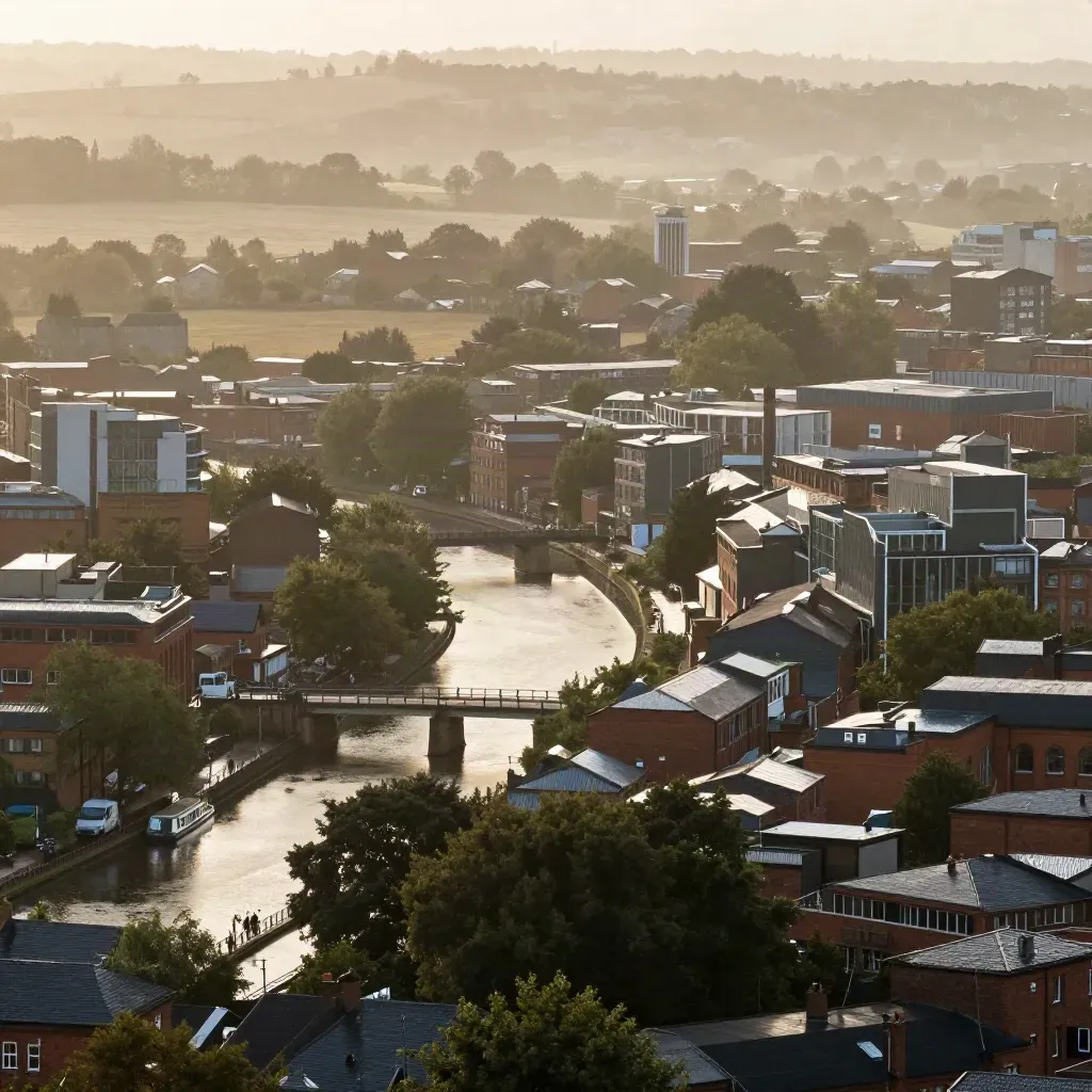 Rain-washed Birmingham from above, canals and bridges high, misty West Midlands foreground below.