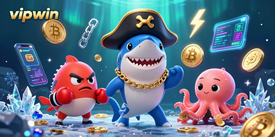 Engage with vipwin's thrilling gaming scene featuring a cartoon pirate shark and gold coins.