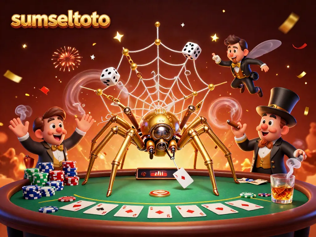 Experience the thrill with sumseltoto as a steampunk spider entangles lucky players in a vibrant casino scene.