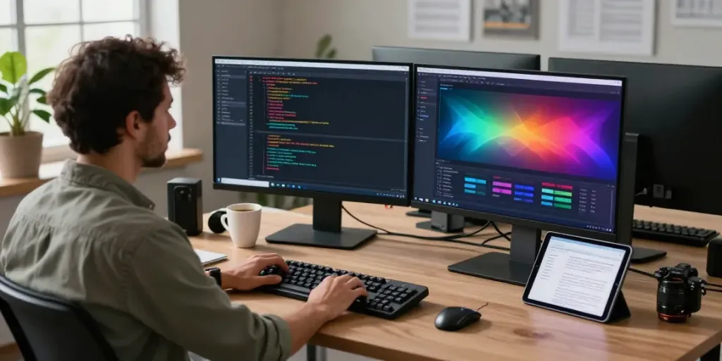 Developer working on instant indexing solutions at a tech workspace with dual monitors and a modern setup.