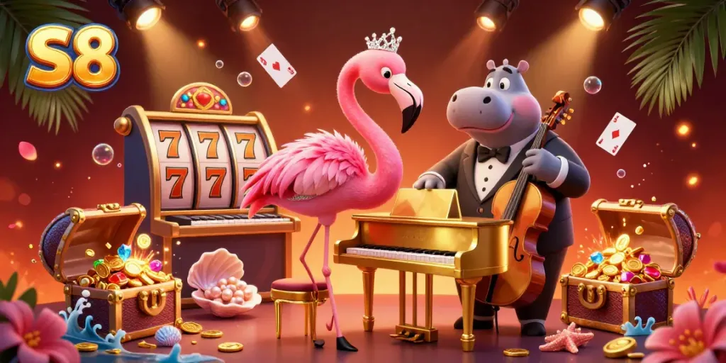 Engage with S8 casino scenes featuring a flamingo singer and hippo bassist in vibrant ambiance.