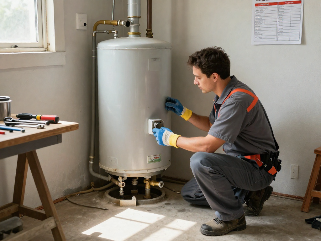 Professional plumber inspecting a water heater replacement Fort Worth in a home setting, showcasing tools and maintenance tips.