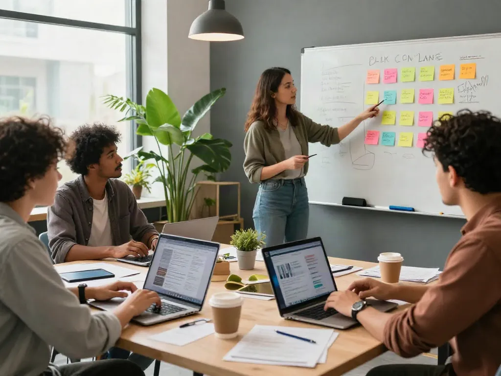 A collaborative group of content creators brainstorming ideas for a knockout post in a dynamic co-working space.