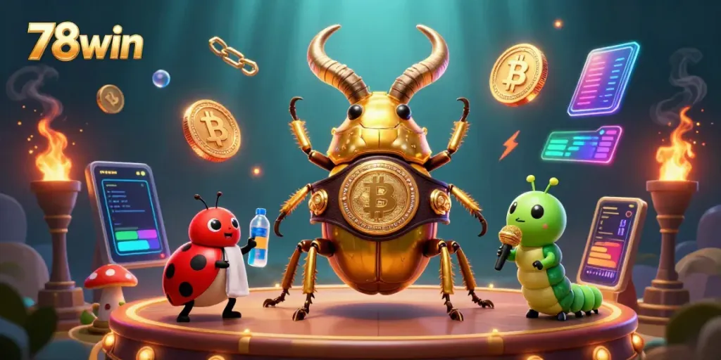 Engage in thrilling gaming action with 78win as a golden beetle faces off, surrounded by crypto coins.