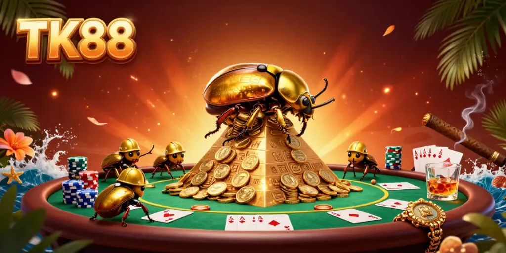 Engage in thrilling games at TK88 with a vibrant pyramid of golden coins and poker tables.