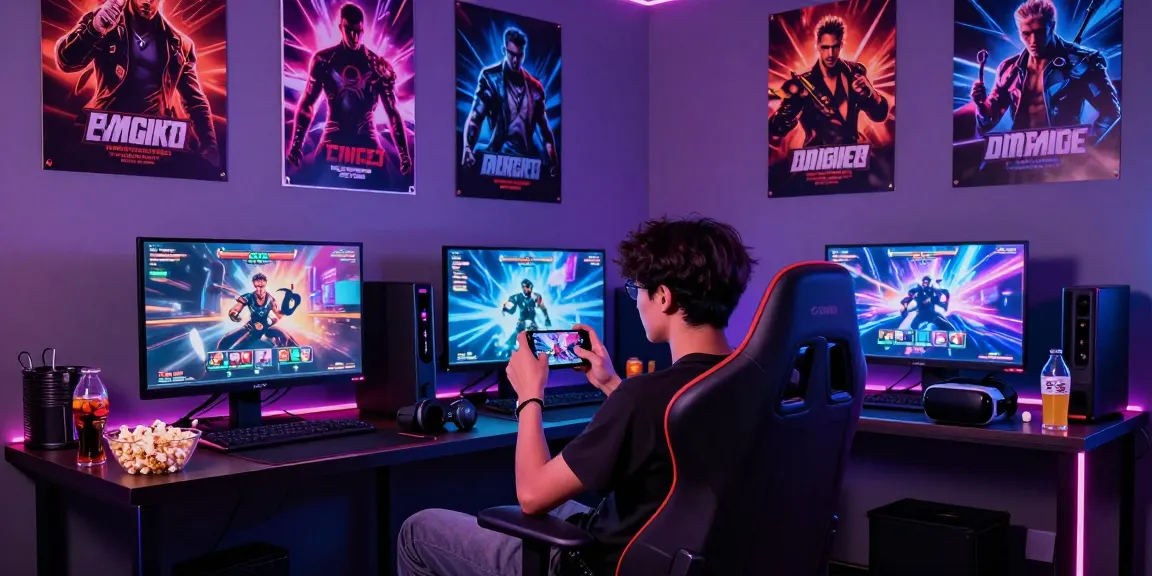 Engaged player enjoying a mobile porn game in a vibrant gaming lounge with neon lights.