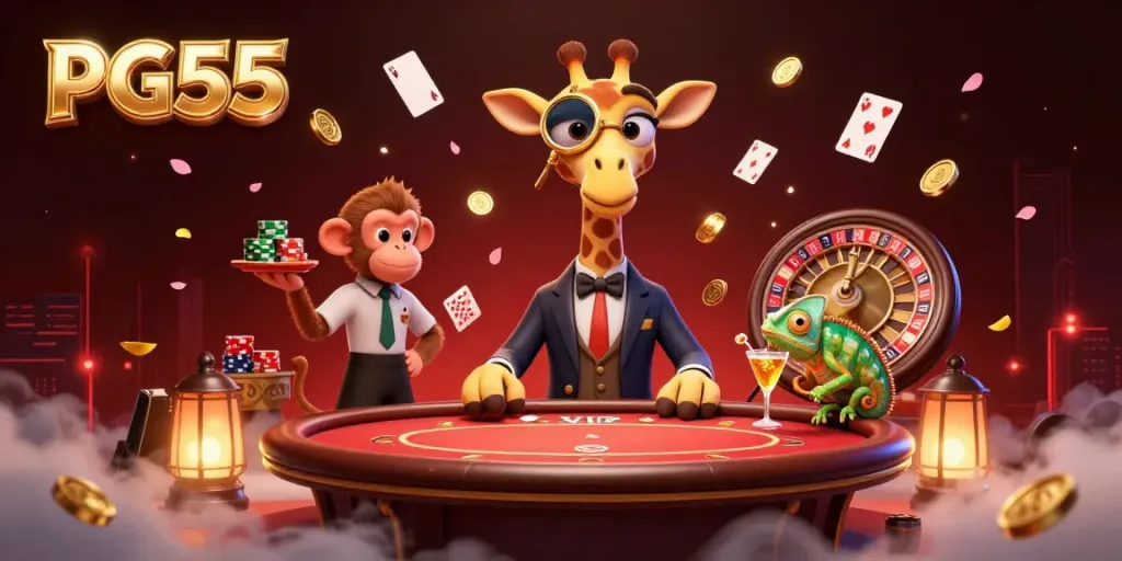 Experience excitement at PG55 with a high-roller giraffe, poker table, and dynamic game elements.
