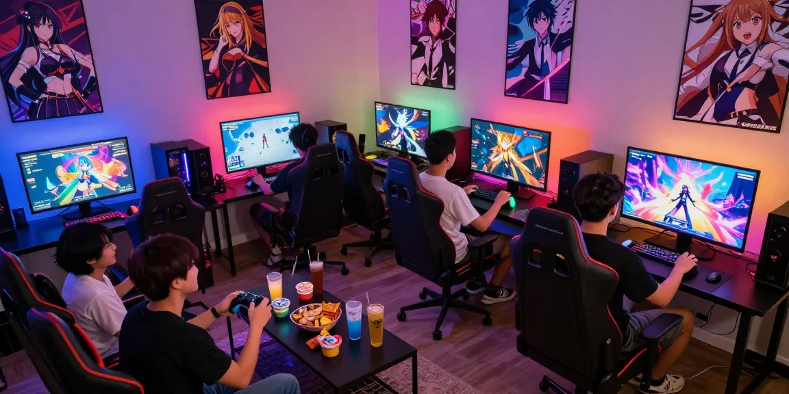 Excited friends playing hentai games in a vibrant gaming room with LED lights.