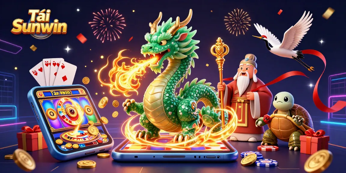 Experience the thrill of Tải Sunwin with a vibrant 3D illustration of a jade dragon and lucky symbols.