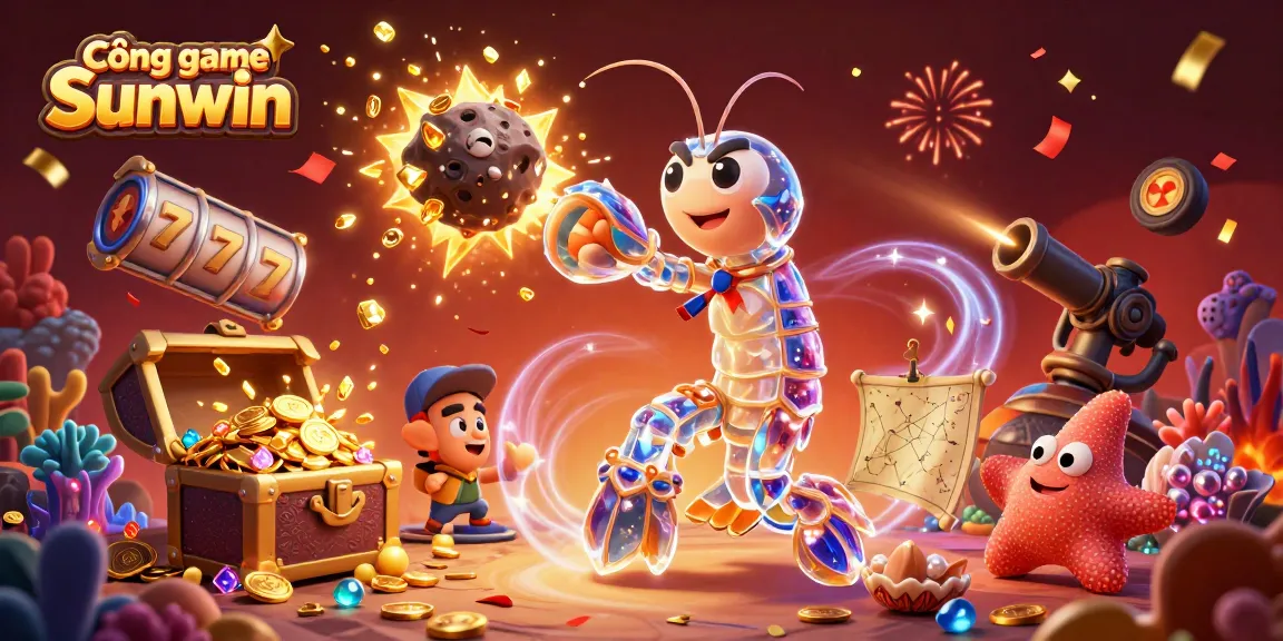 Cổng game Sunwin offers thrilling slot adventure with a galactic samurai mantis shrimp and treasure-filled scene.
