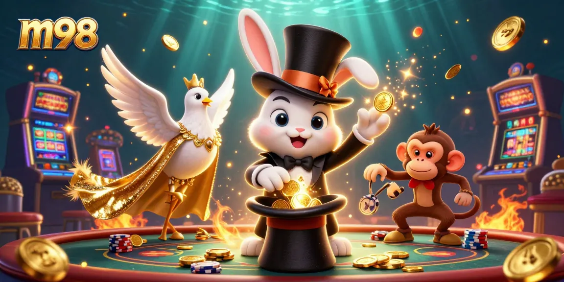 Engage in thrilling gameplay with m98's exciting casino scene featuring magical characters and golden tokens.